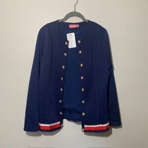 NWT Inspired Women's Navy Blue Gold Button Open Front Band Blazer - Size M
